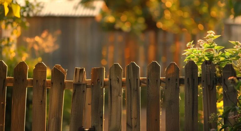 a picturesque backyard scene showcasing expertly crafted wooden fencing, bathed in warm golden light, evokes a sense of security and tranquility, inviting viewers to envision their own outdoor project.