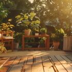 a beautifully constructed wooden deck adorned with vibrant potted plants and cozy outdoor furniture, bathed in warm golden sunlight, inviting viewers to envision their transformed outdoor space.