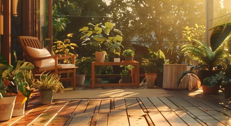 a beautifully constructed wooden deck adorned with vibrant potted plants and cozy outdoor furniture, bathed in warm golden sunlight, inviting viewers to envision their transformed outdoor space.